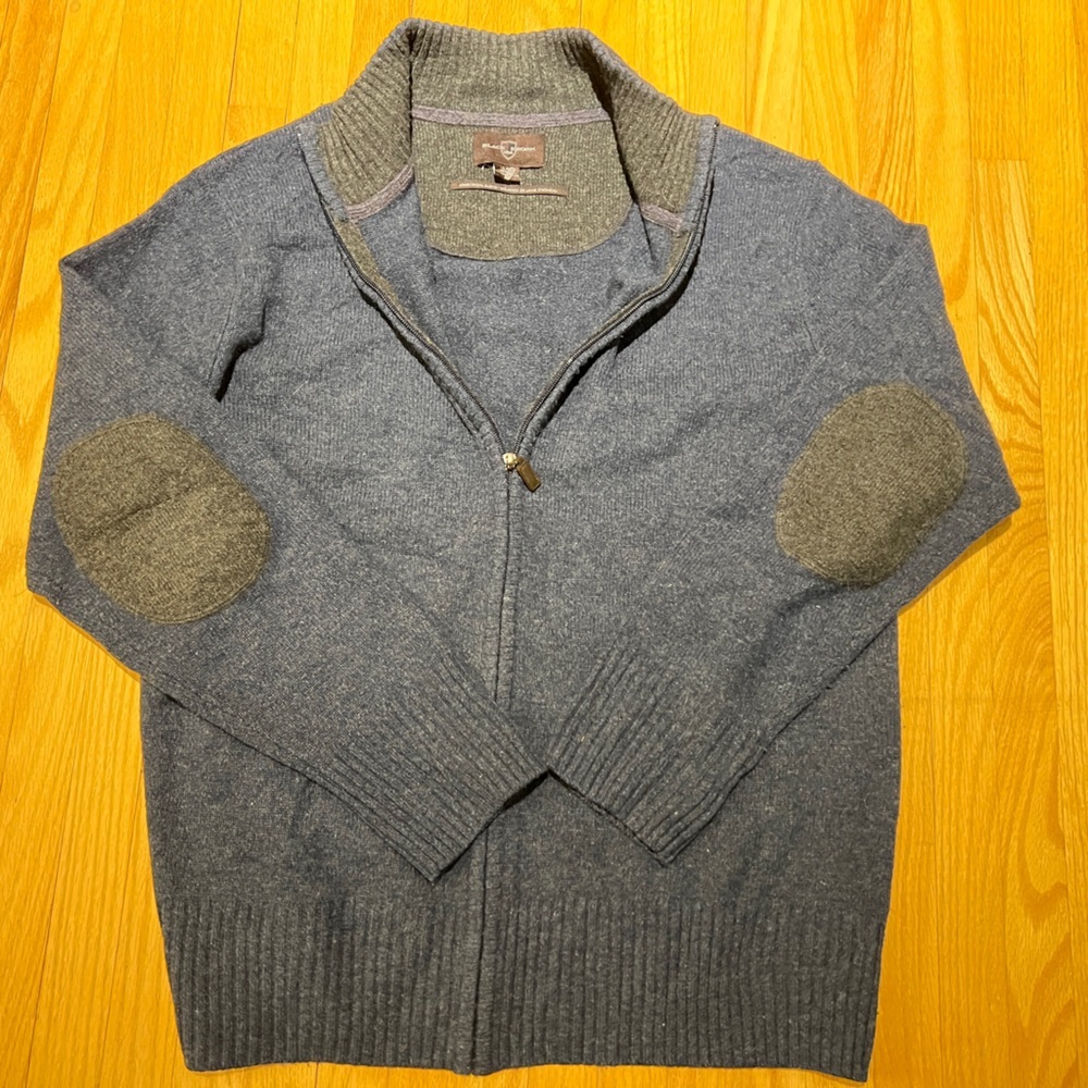 Black Brown 1826 Men's Wool Zip-Up Blue Sweater with Elbow Patches
